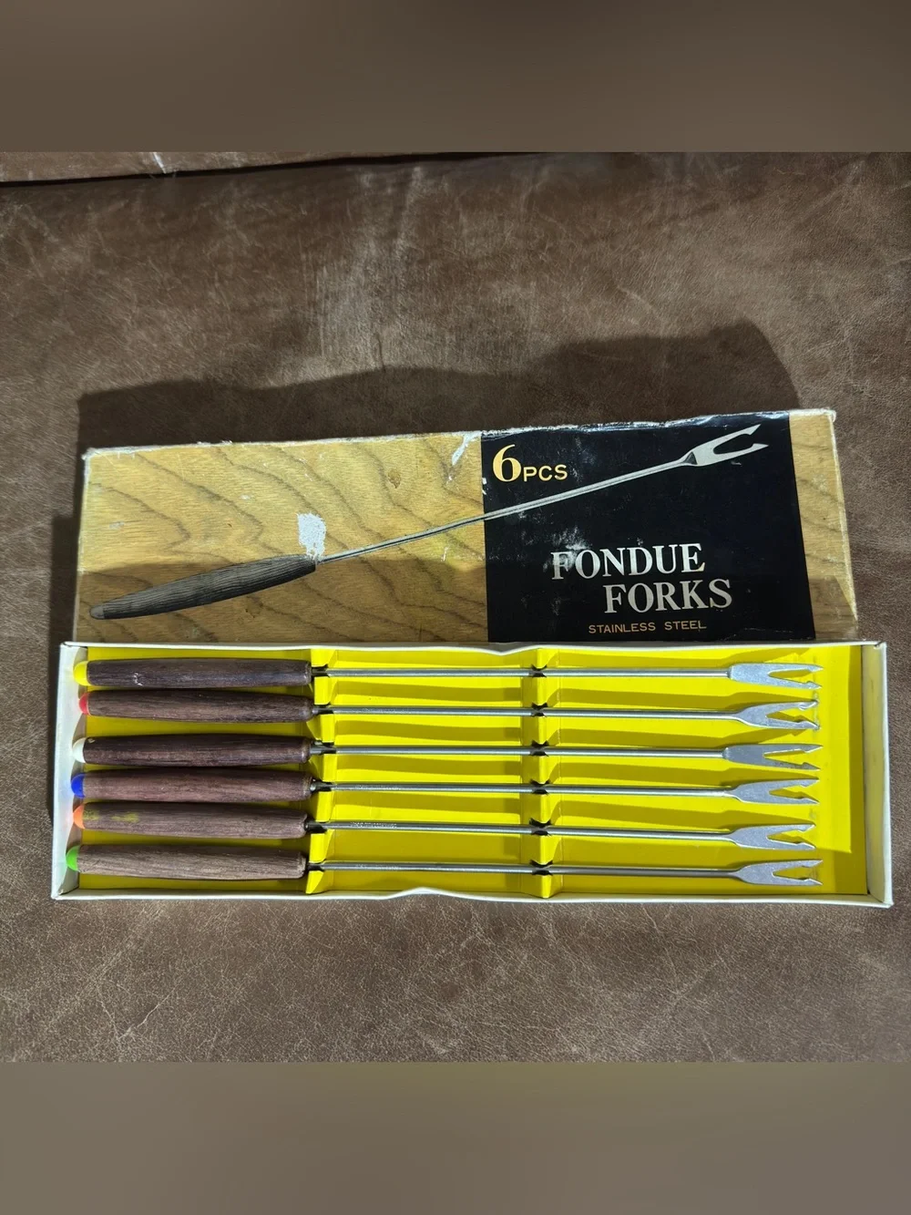 Vintage Japan Fondue Forks Set of 6 Wood Handles Colored Tips Original Box